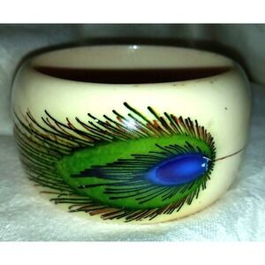 Vintage Lucite Peacock Bangle Bracelet Teal Green Blue Painted Feather Chunky